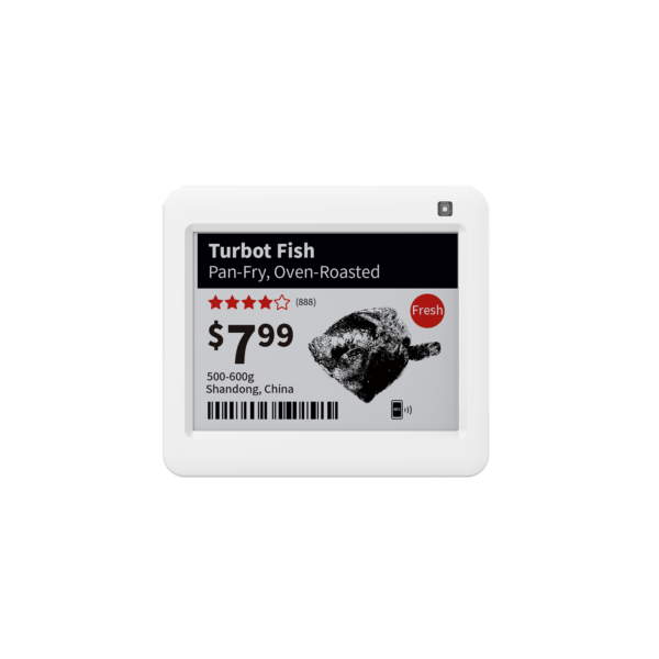 Opticon SE-420 e-paper price label on a counter display showing price and offer badge